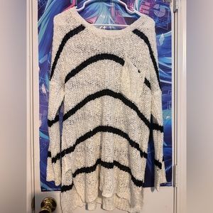 White loose Womens sweater with white and black stripes